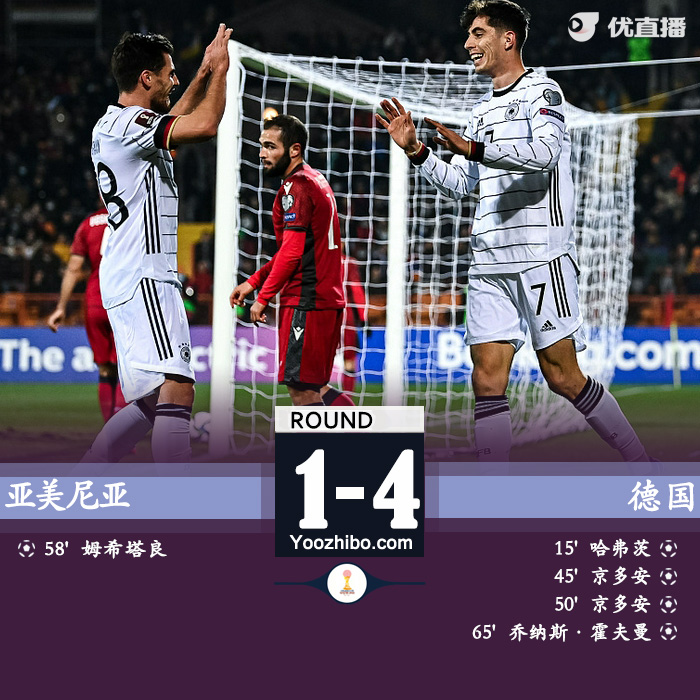 德国4-1亚美尼亚 京多安双响哈弗茨破门霍夫曼传射