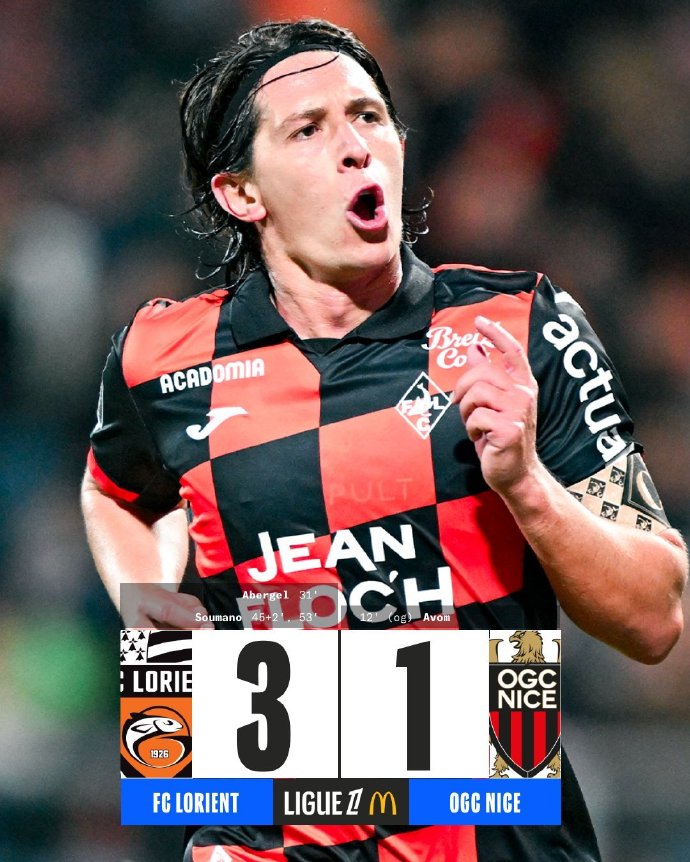 法甲大冷!洛里昂3-1逆转尼斯,苏马诺双响终结7轮不胜