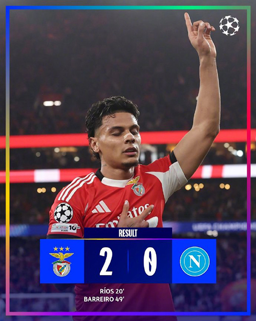 穆里尼奥完胜孔蒂!本菲卡2-0那不勒斯,红鹰保留附加赛火种