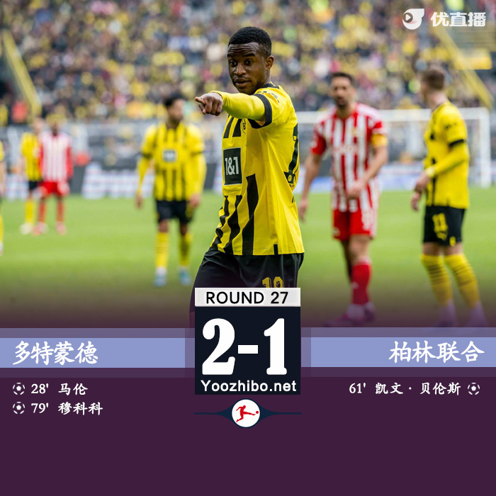 <a href=/24zhibozq/dortmund/ target=_blank class=infotextkey>多特蒙德</a>2-1柏林联合 马伦包抄破门穆科科替补建功