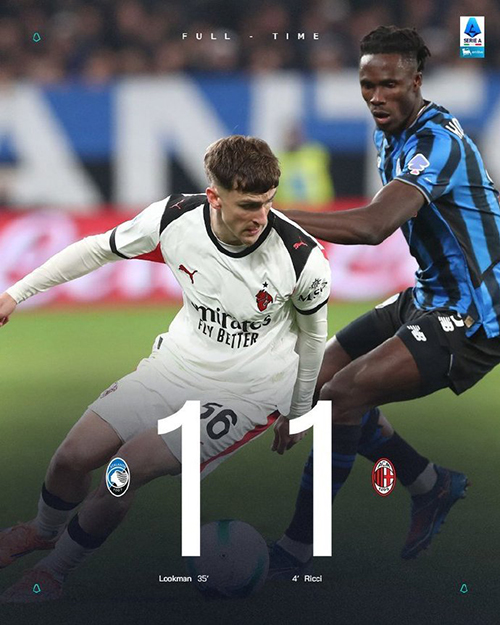 意甲:AC米兰1-1亚特兰大 里奇远射破门 莱奥半场伤退