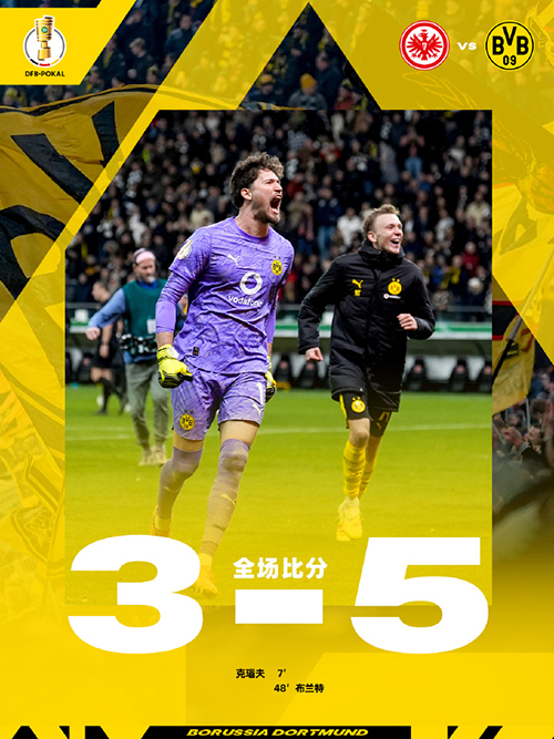 德国杯:多特蒙德5-3法兰克福 布兰特破门 堂安律失点