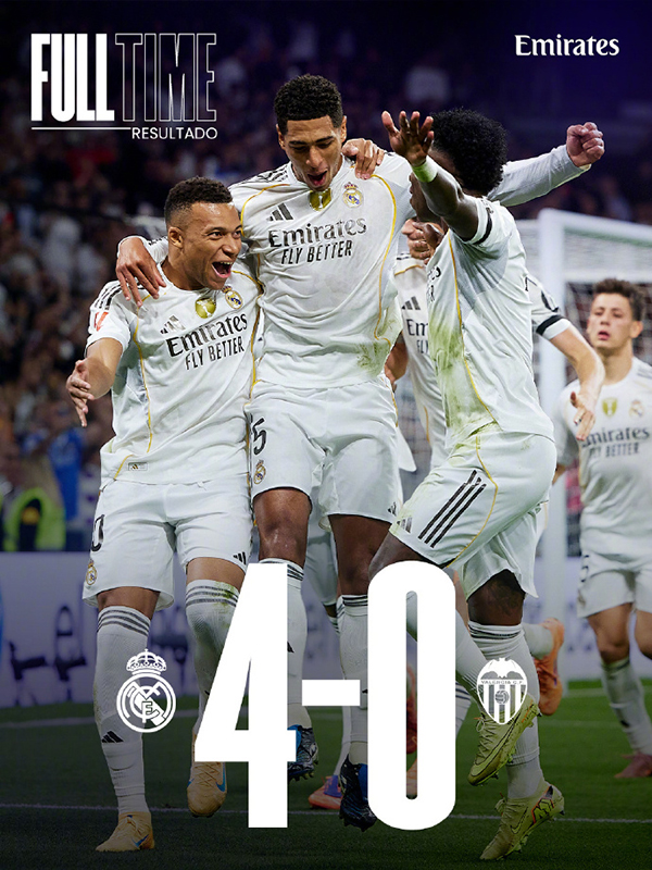 西甲-皇马4-0瓦伦西亚 姆巴佩双响 贝林卡雷拉斯世界波